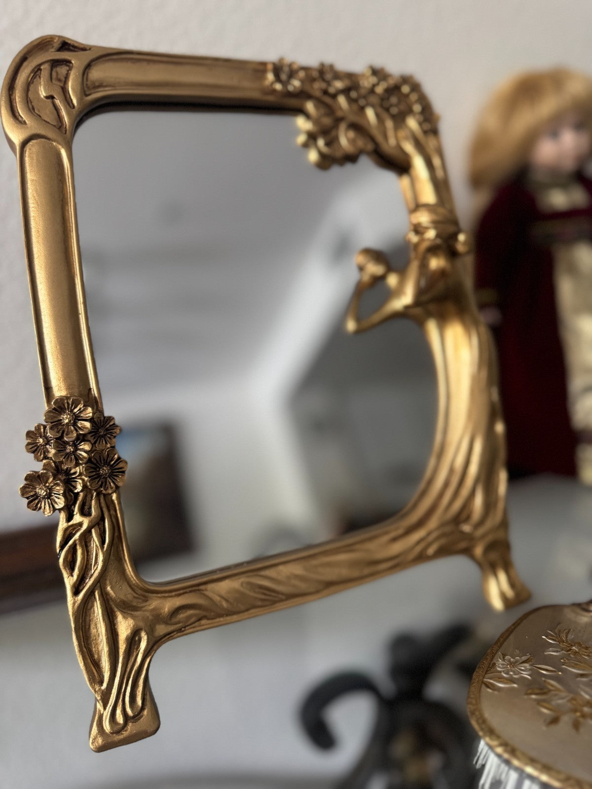 Art Nouveau Style Gold Resin Vanity Mirror – Woman & Floral Frame – 8” x 11”