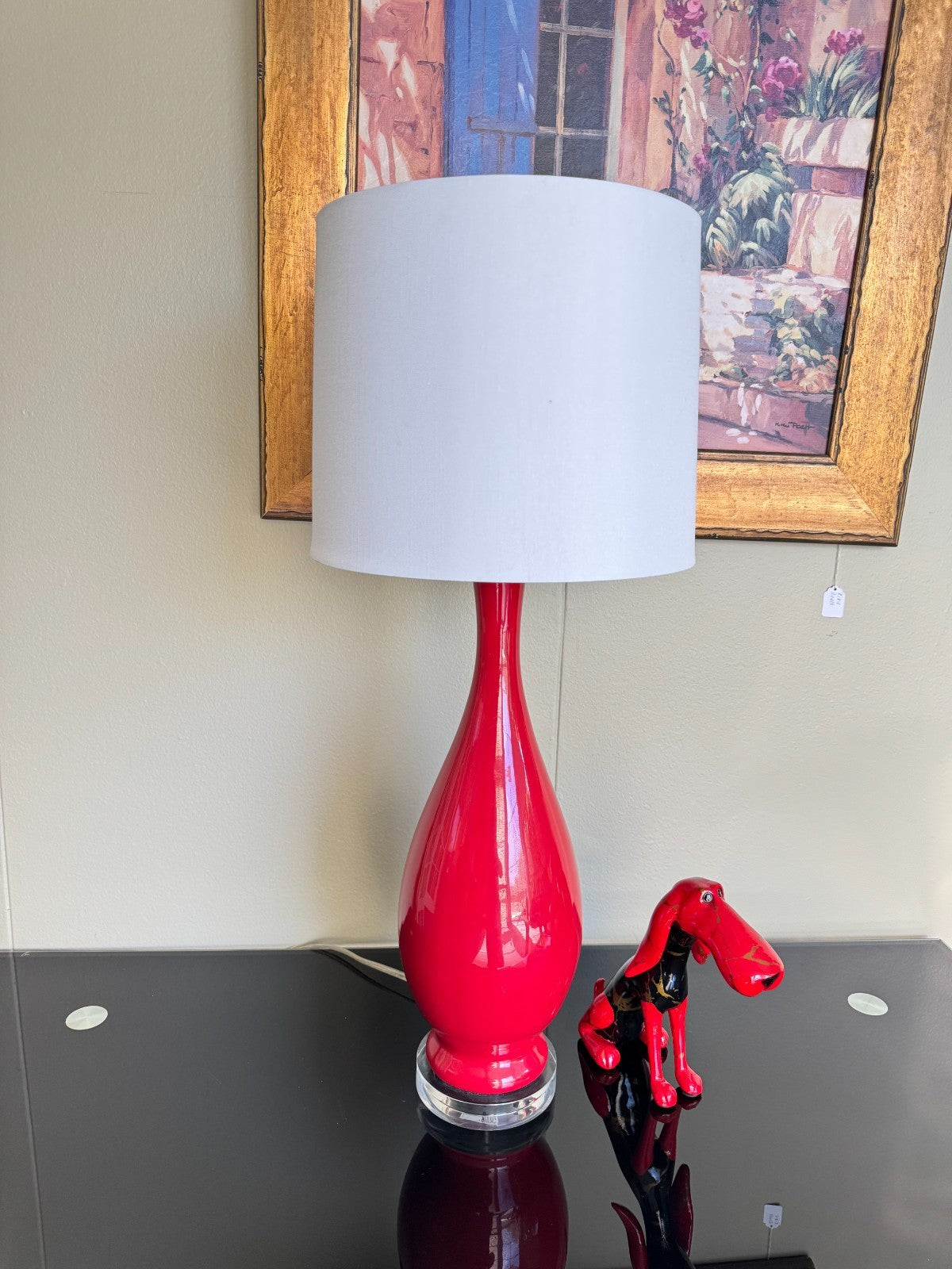 Modern Red Ceramic Table Lamp with White Fabric Shade – 28” Tall