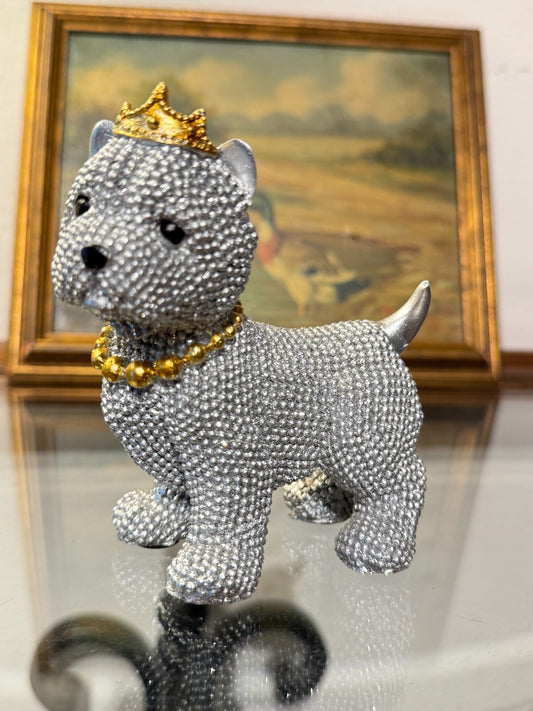 Luxury Rhinestone Dog Figurine with Crown & Necklace – Sparkling Resin Decor