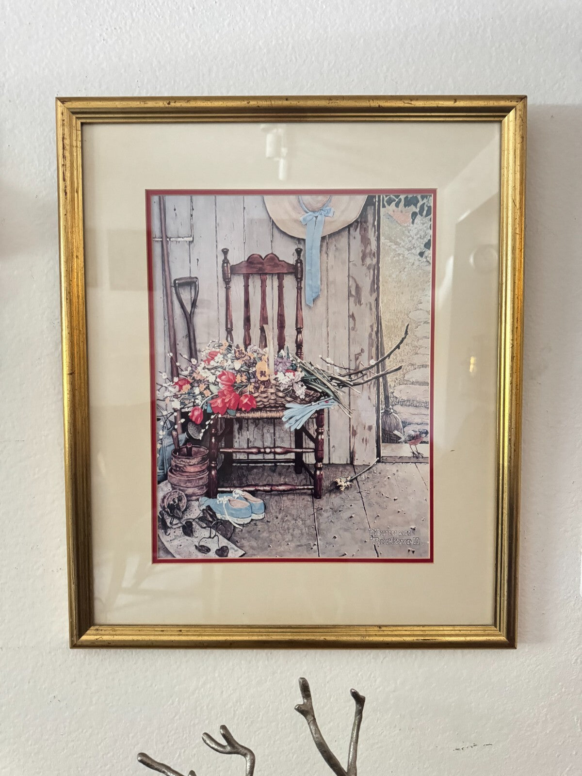 Framed Norman Rockwell II Print “Porch Scene with Flowers & Chair” 19x23 Vintage