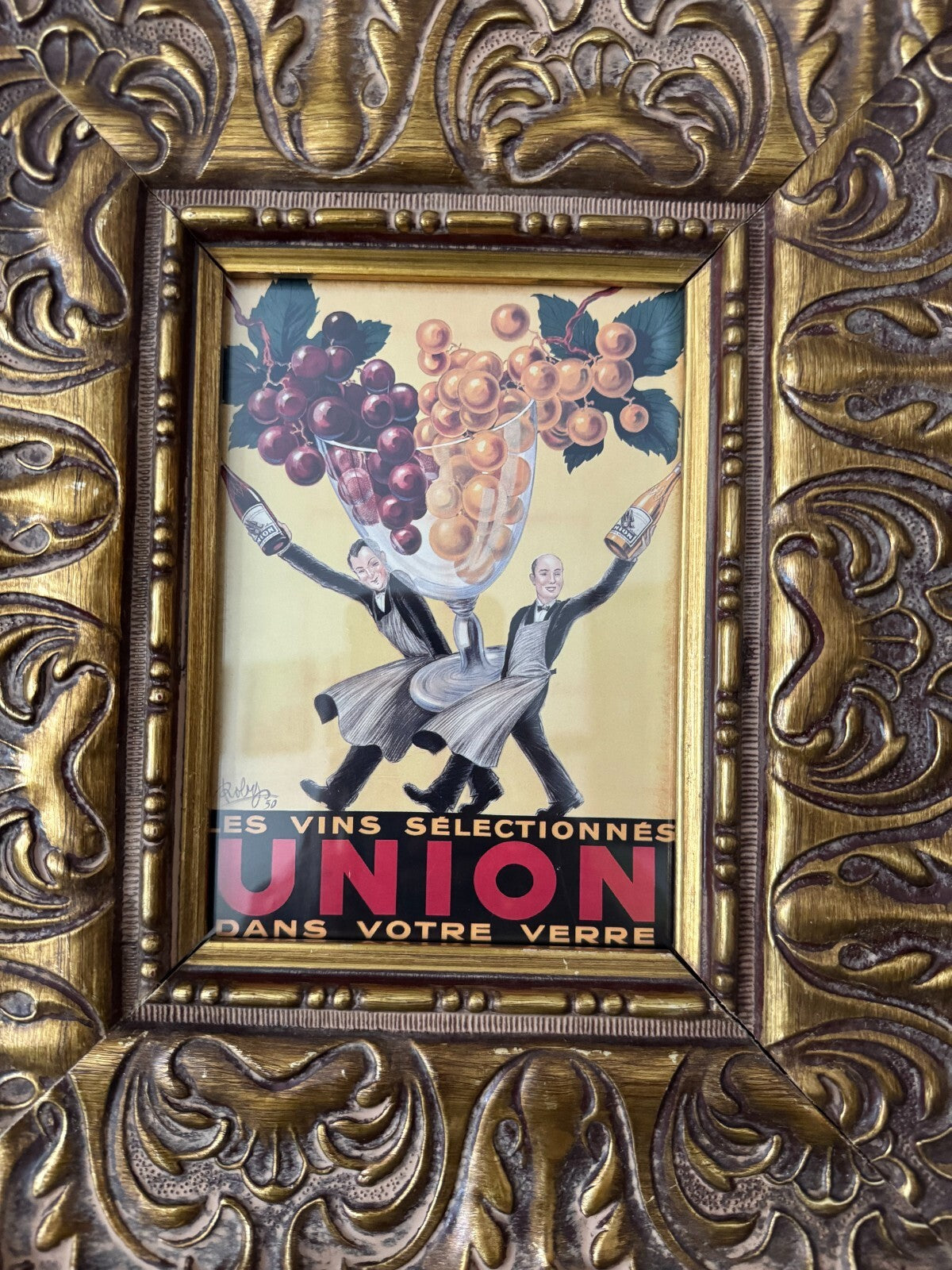 Vintage French Wine Art Print “Union” by Robys 1950 – Ornate Baroque Frame 13x11