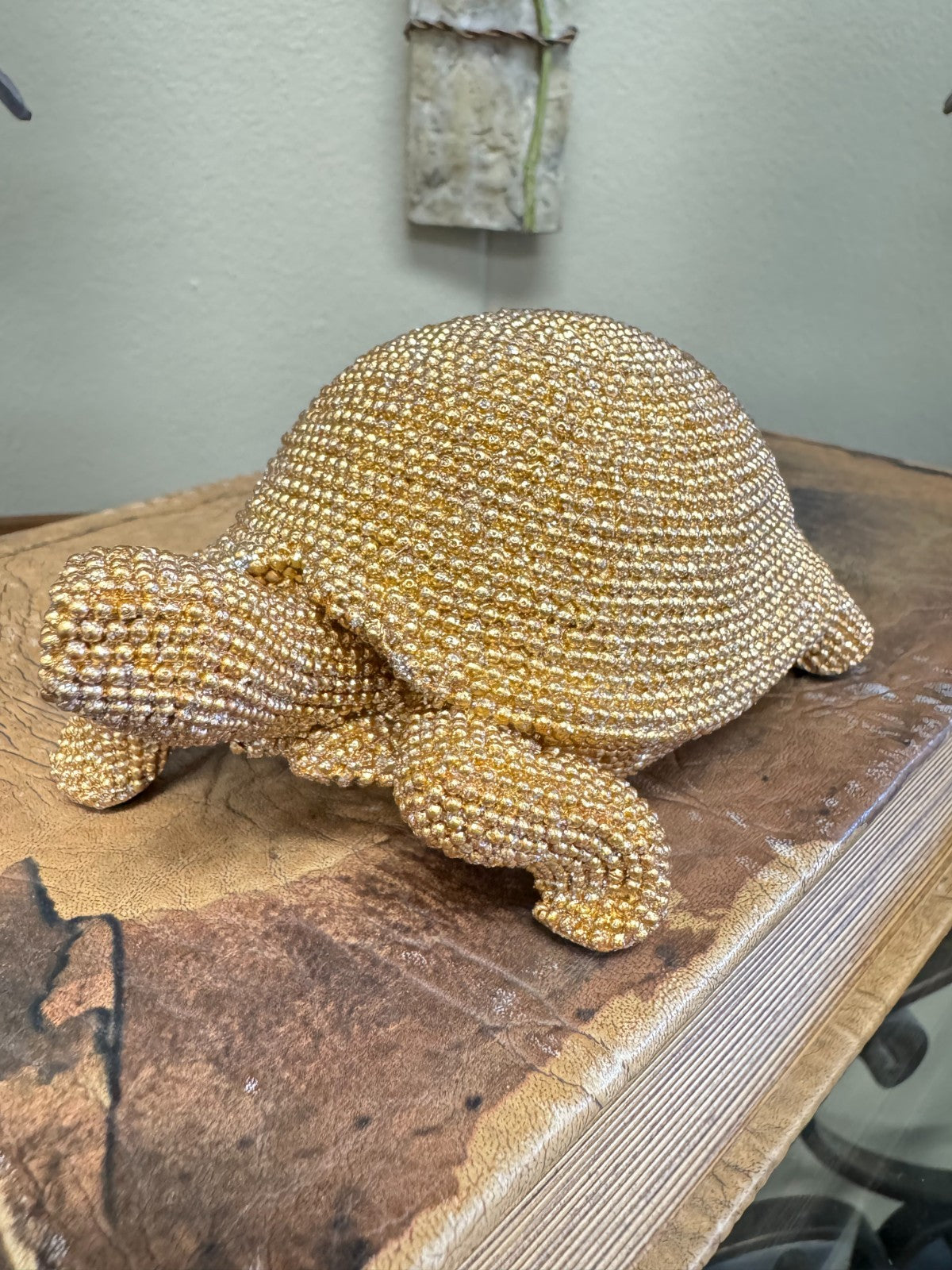 Gold Rhinestone Sea Turtle Figurine – Sparkling Resin Coastal Home Décor (5”)