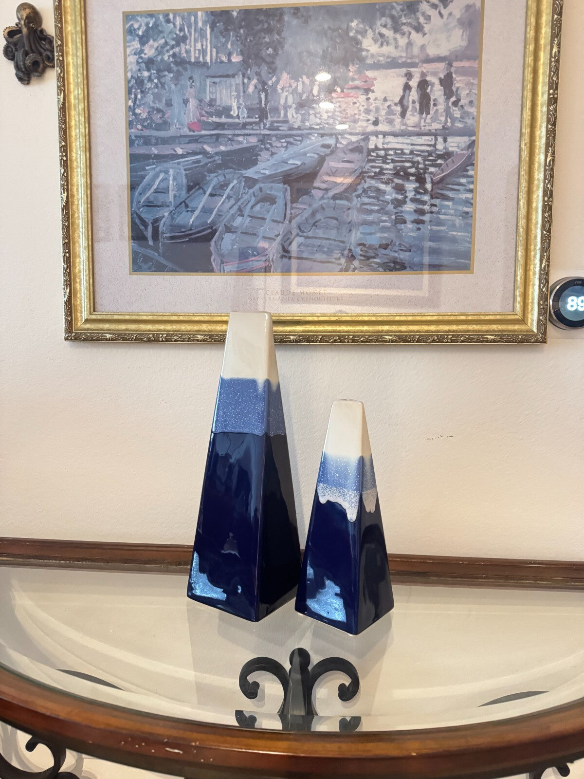 Set of 2 Modern Ombre Blue & White Ceramic Vases – 16” & 12” Geometric Tapered