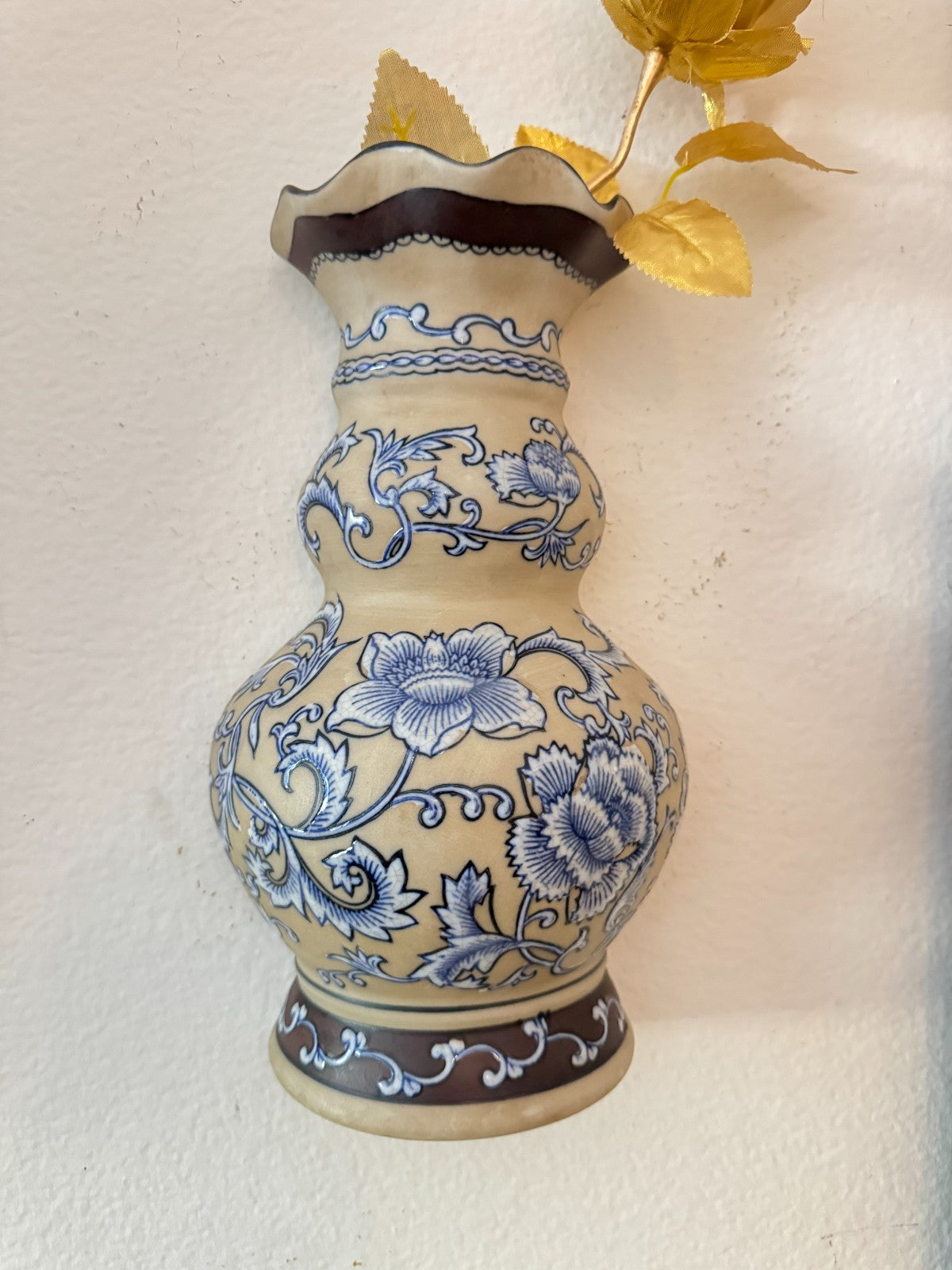 Formalities by Baum Bros. Blue & White Ceramic Wall  Vase – 13” Floral Asian