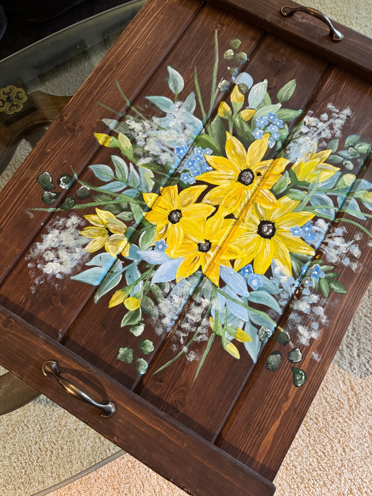 Rustic Hand-Painted Wooden Serving Tray – Sunflower Floral Design 29''x22''