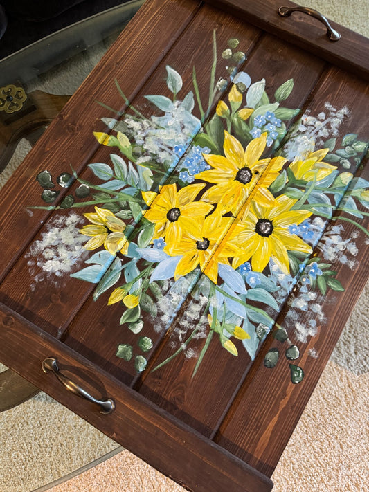 Rustic Hand-Painted Wooden Serving Tray – Sunflower Floral Design 29''x22''