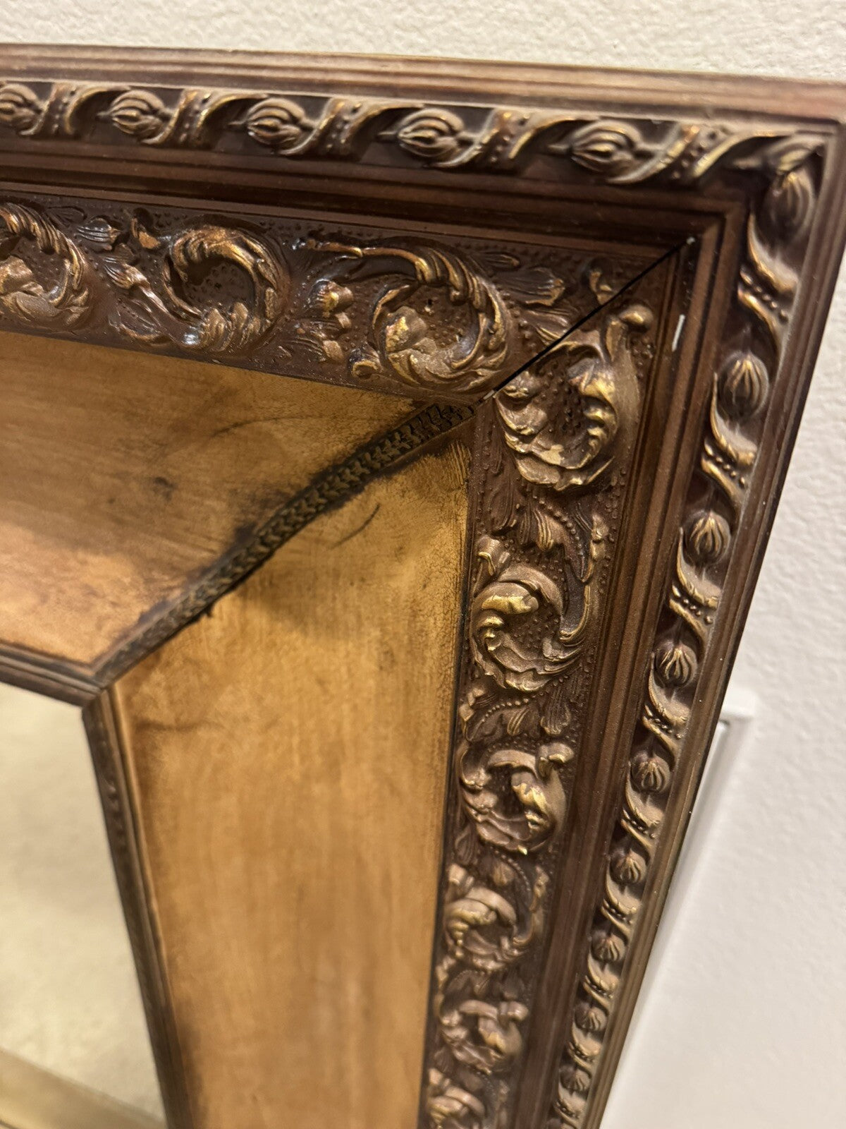 Antique Large Mirror Unique Handmade Wood And Leather Frame 43/34”