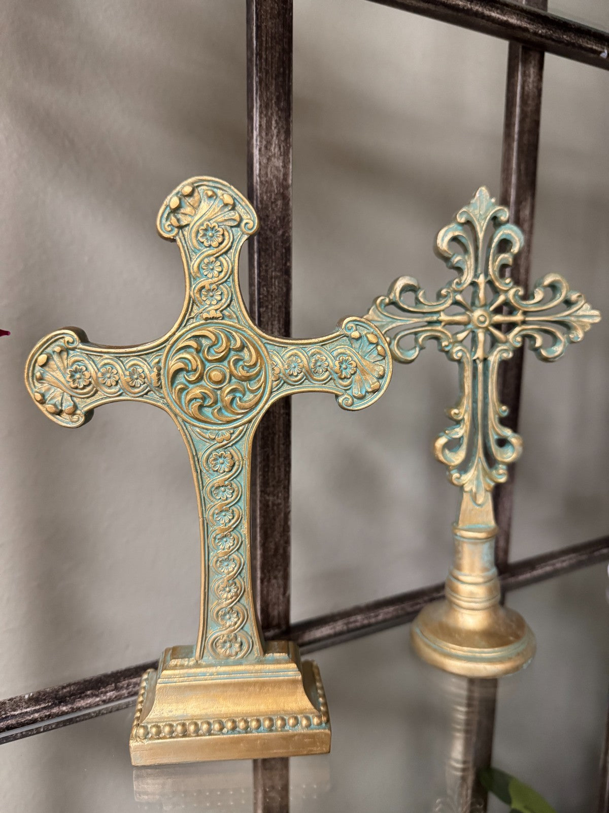Set of 2 Decorative Resin Crosses – Gold & Aqua Patina Finish, 9'' Tall