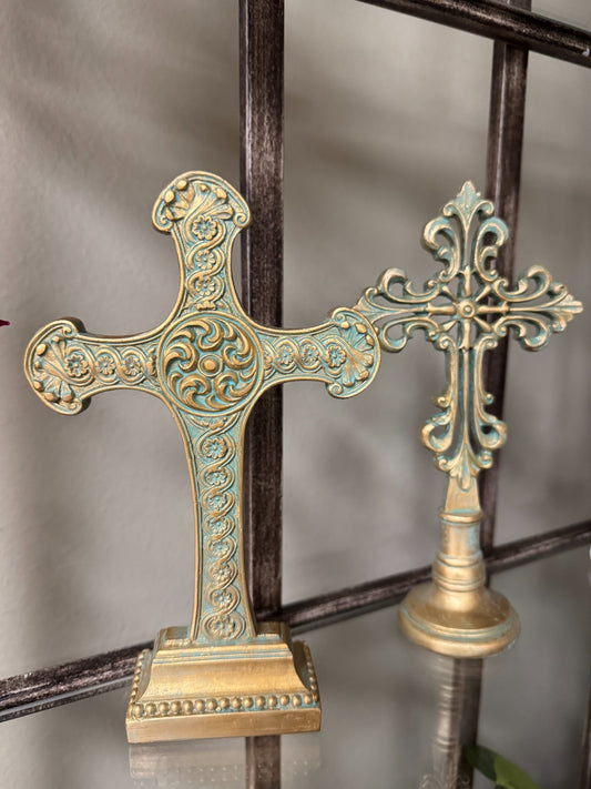Set of 2 Decorative Resin Crosses – Gold & Aqua Patina Finish, 9'' Tall