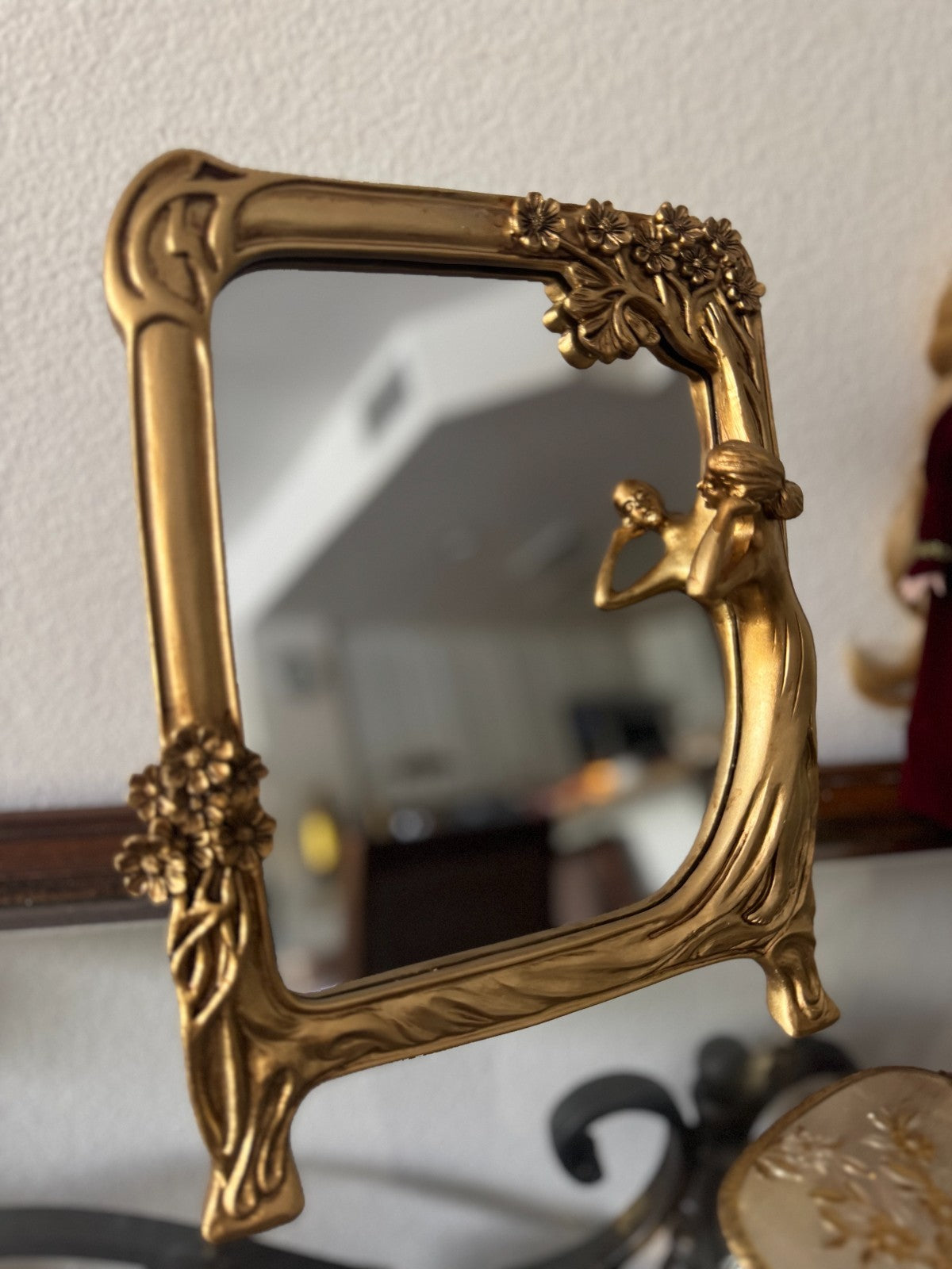 Art Nouveau Style Gold Resin Vanity Mirror – Woman & Floral Frame – 8” x 11”