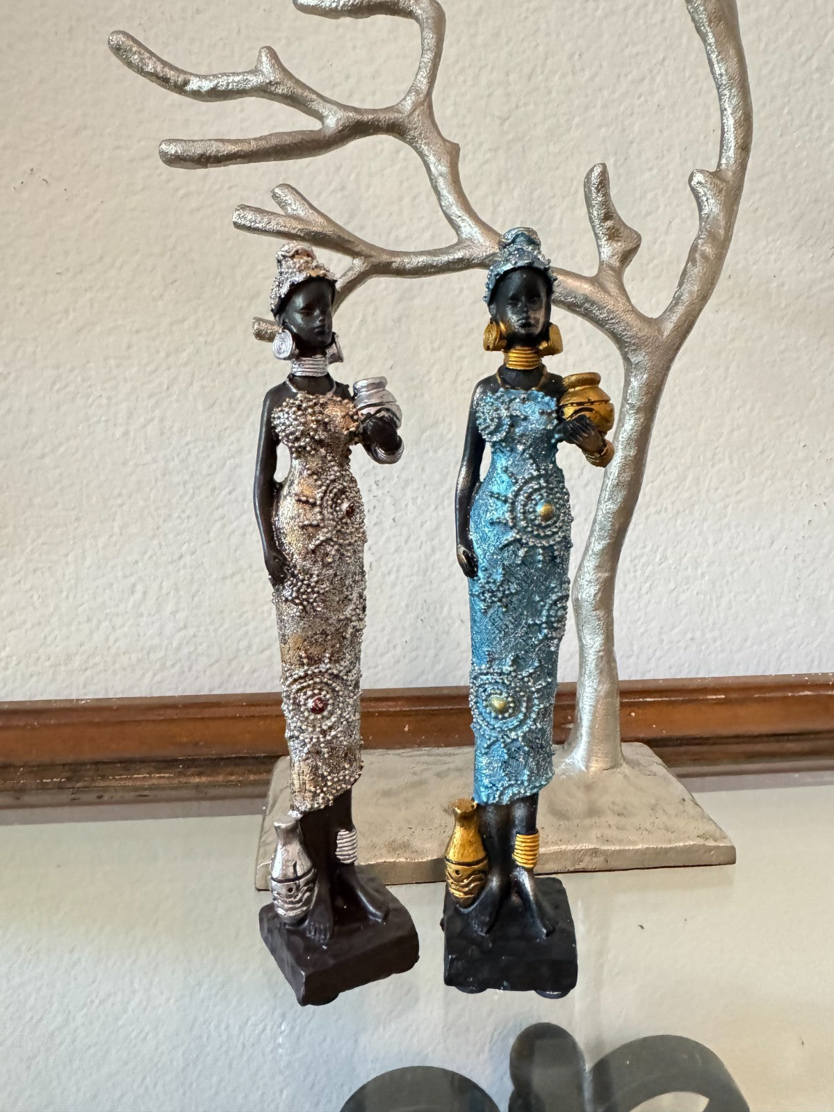 African Tribal Woman Figurines Pair  – Handcrafted Resin Statues, 8” Tall, Decor