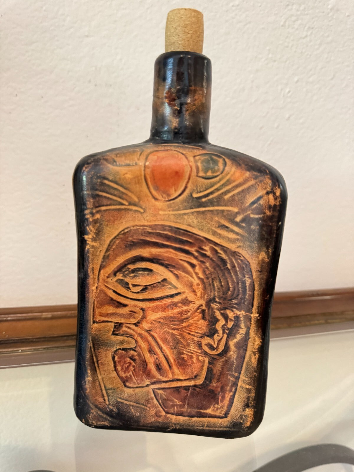 Original 1978  Sighed P. Capecchi Leather Wrapped Glass Bottle Collectible