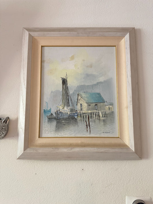 Vintage Harbor Scene Oil Painting by L. Thomas – Framed Nautical Wall Art 32x30