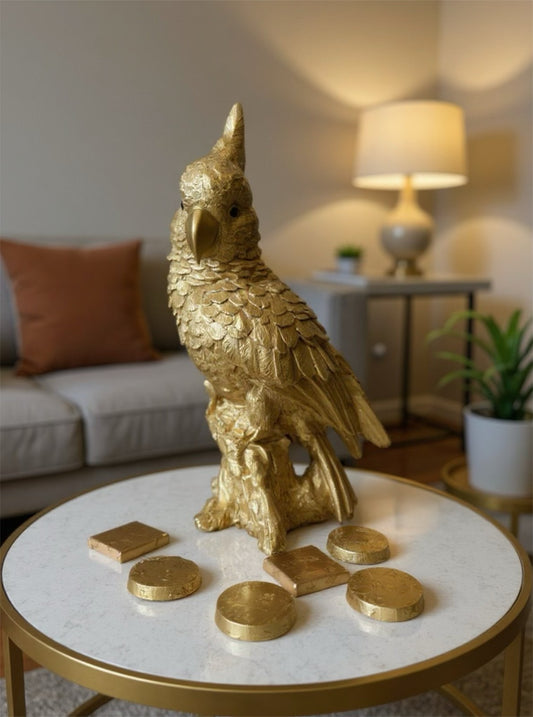 Gold Resin Cockatoo Parrot Figurine Sculpture on Tree Stump – 9” Tall Home Décor