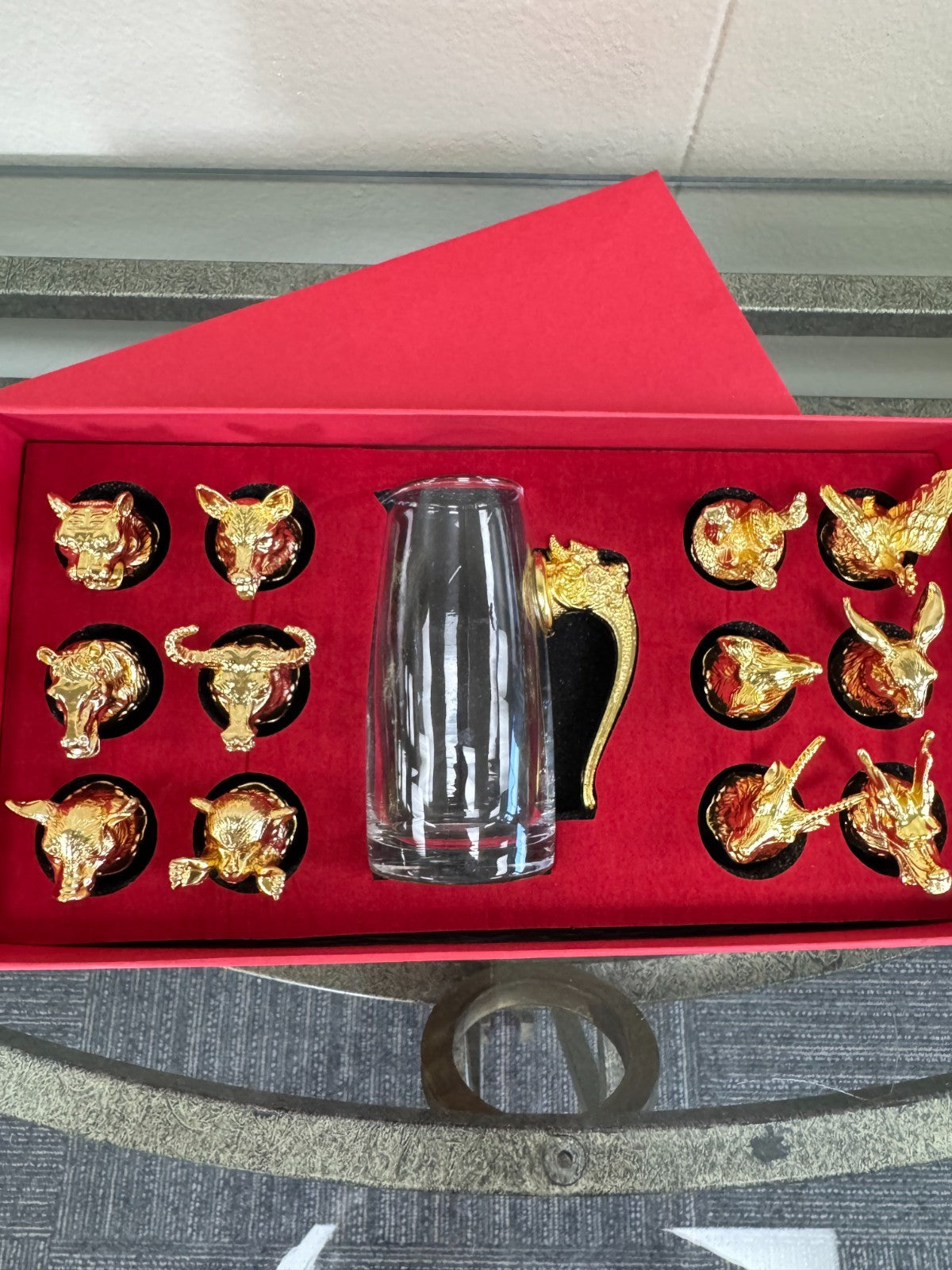 Zodiac Wine Set – 12 Gold Animal Shot Glasses & Glass Decanter with Dragon Handl