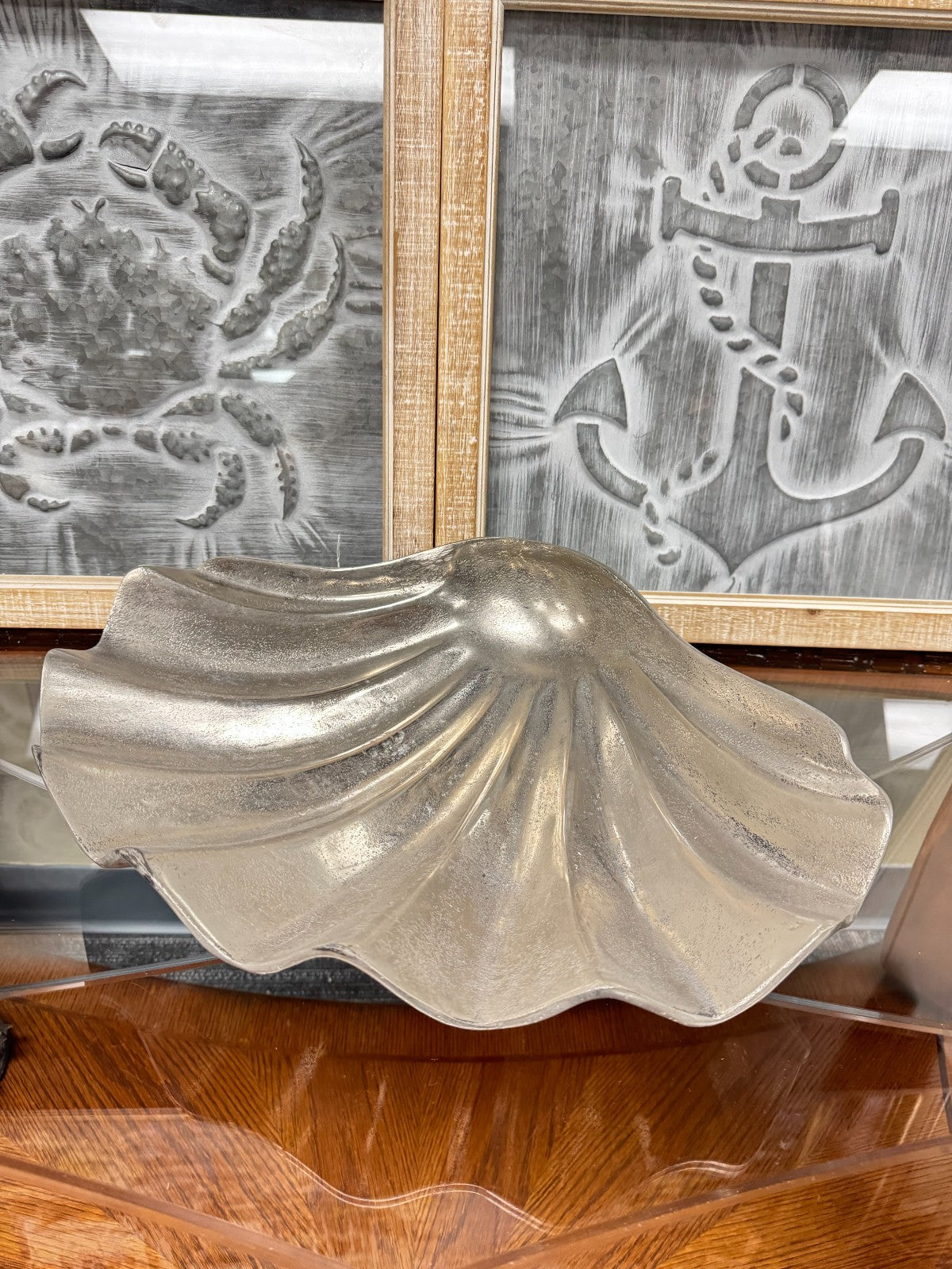 Large Silver Aluminum Clam Shell Bowl Decorative Centerpiece – 18”x14” Coastal S