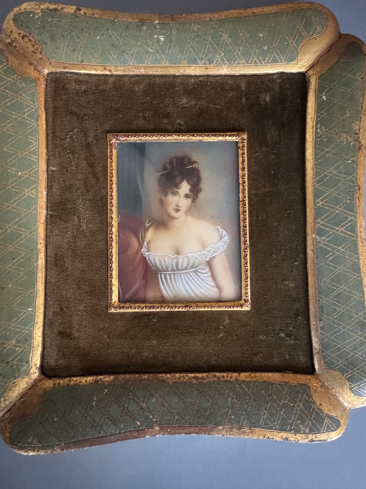 Antique Miniature Portrait Paining  Regency Lady in Ornate Frame Signed ''Heimo