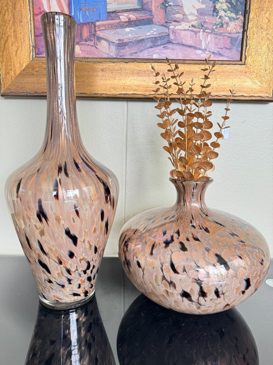 Set of 2 Handblown Art Glass Vases –  Modern Speckled Pattern Tall 20, 10in