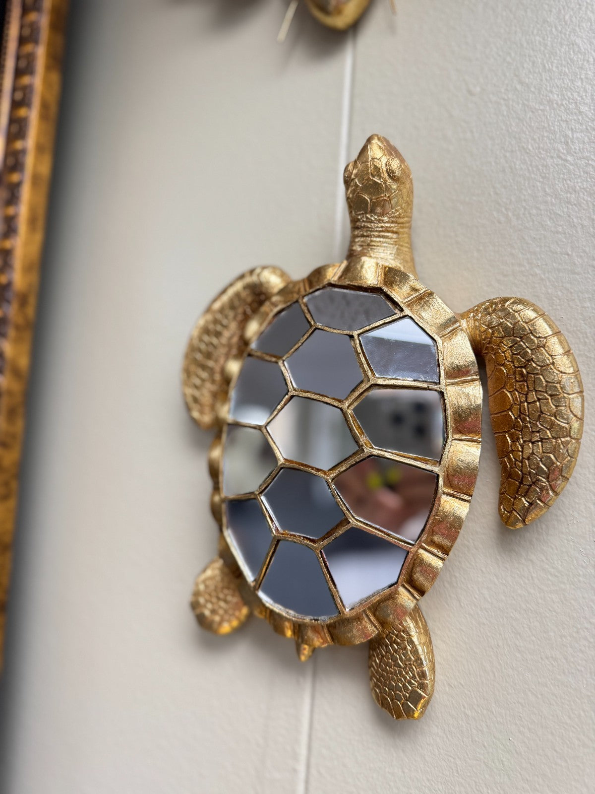 Gold Resin  Sculpture Turtle Wall Mirror – 12” Decorative Hanging Sea Turtle