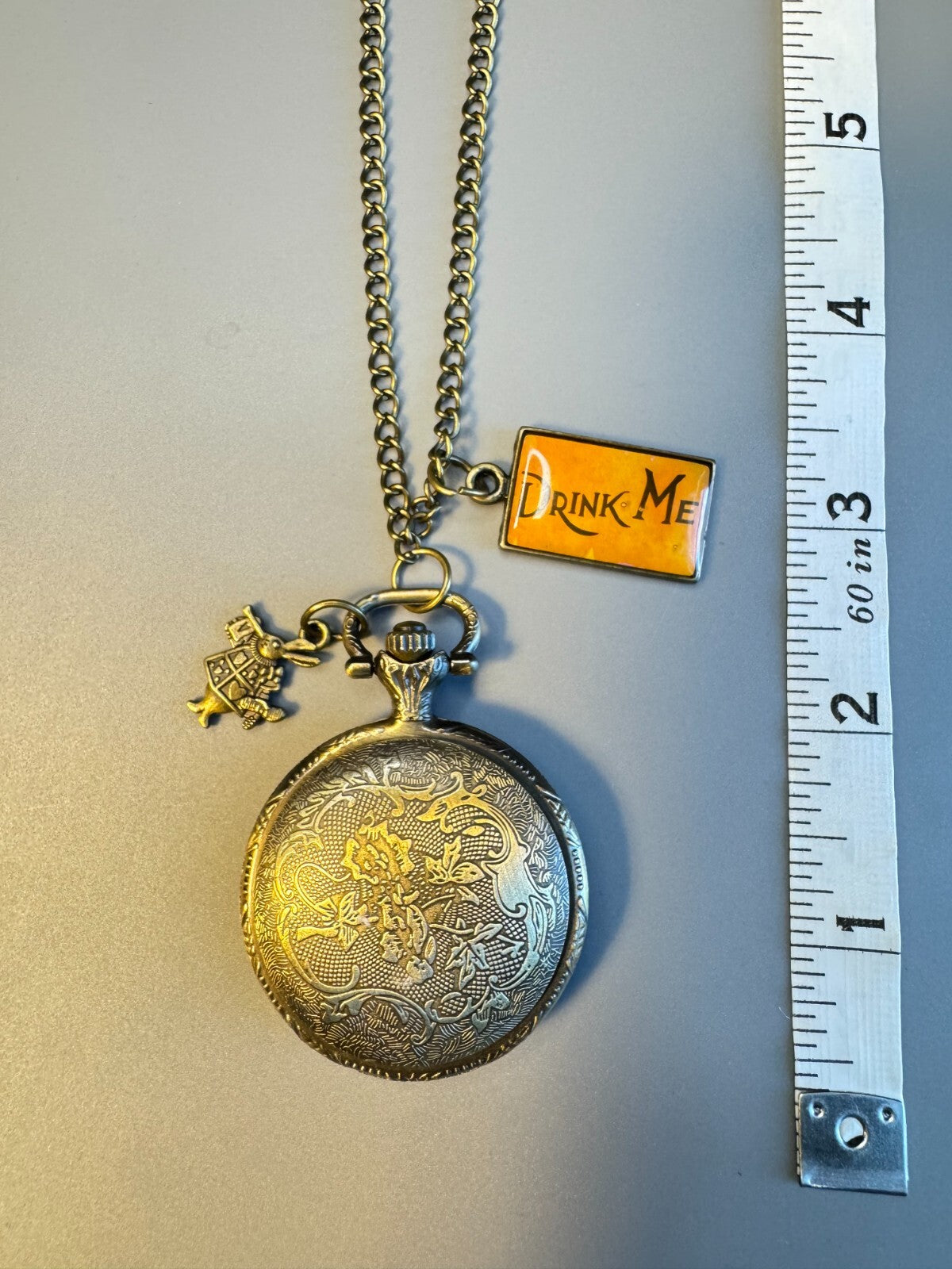 Alice in Wonderland Vintage Style  Brass Watch With Chain Toy Collectible