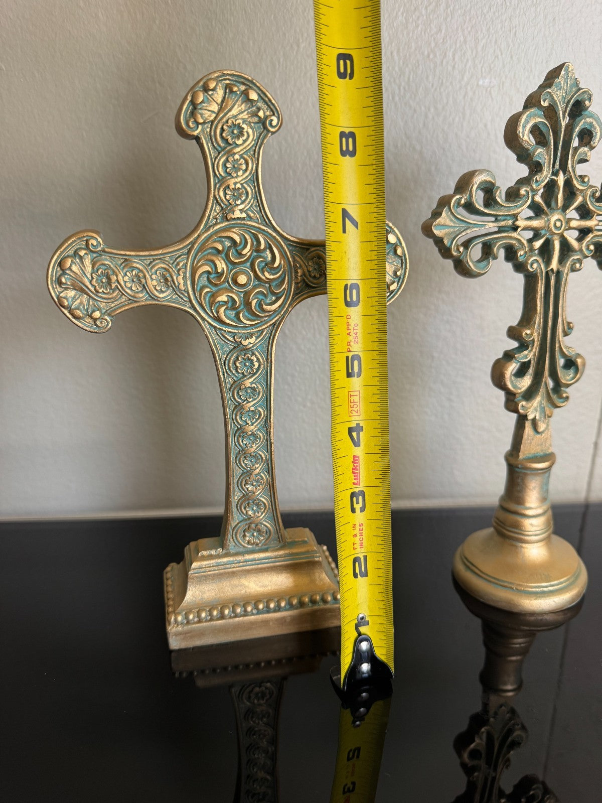 Set of 2 Decorative Resin Crosses – Gold & Aqua Patina Finish, 9'' Tall