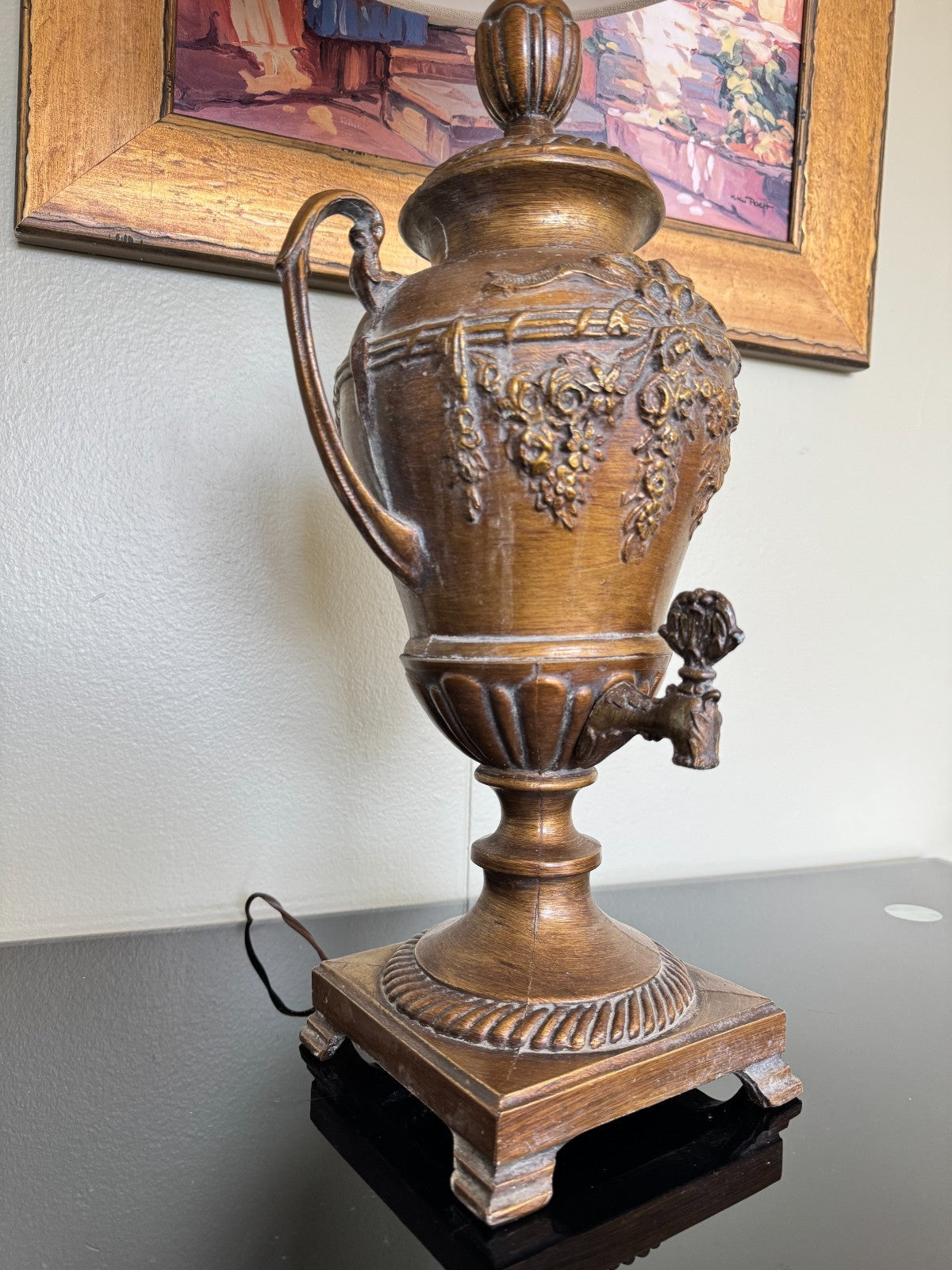 Vintage Bronze-Style Samovar Table Lamp with Spigot & Shade – 35” Tall