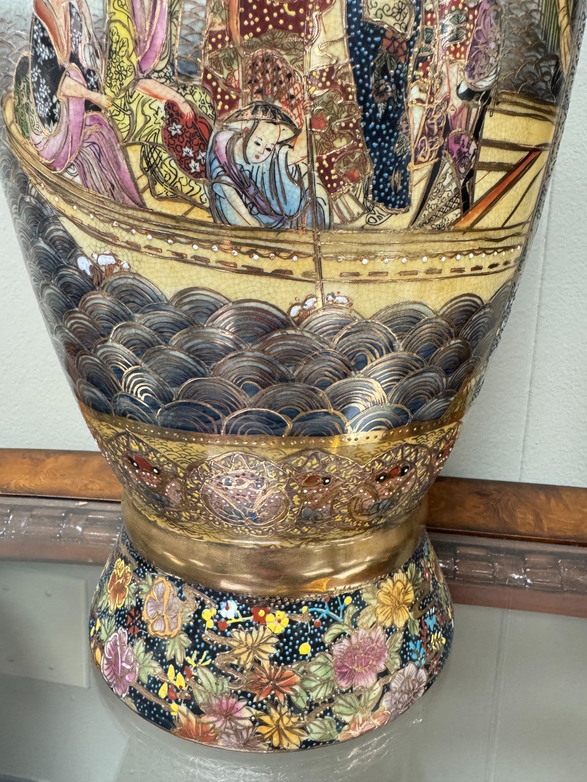 Pair Large 24” Japanese Satsuma Vases Hand Painted Gold Moriage Geisha Scene
