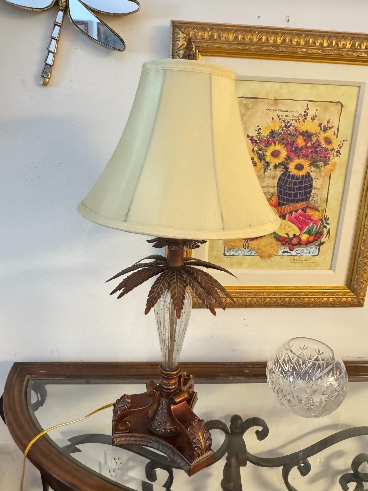 Vintage Tropical Palm Leaf Table Lamp with Fabric Shade  28” Ornate Resin & Glam