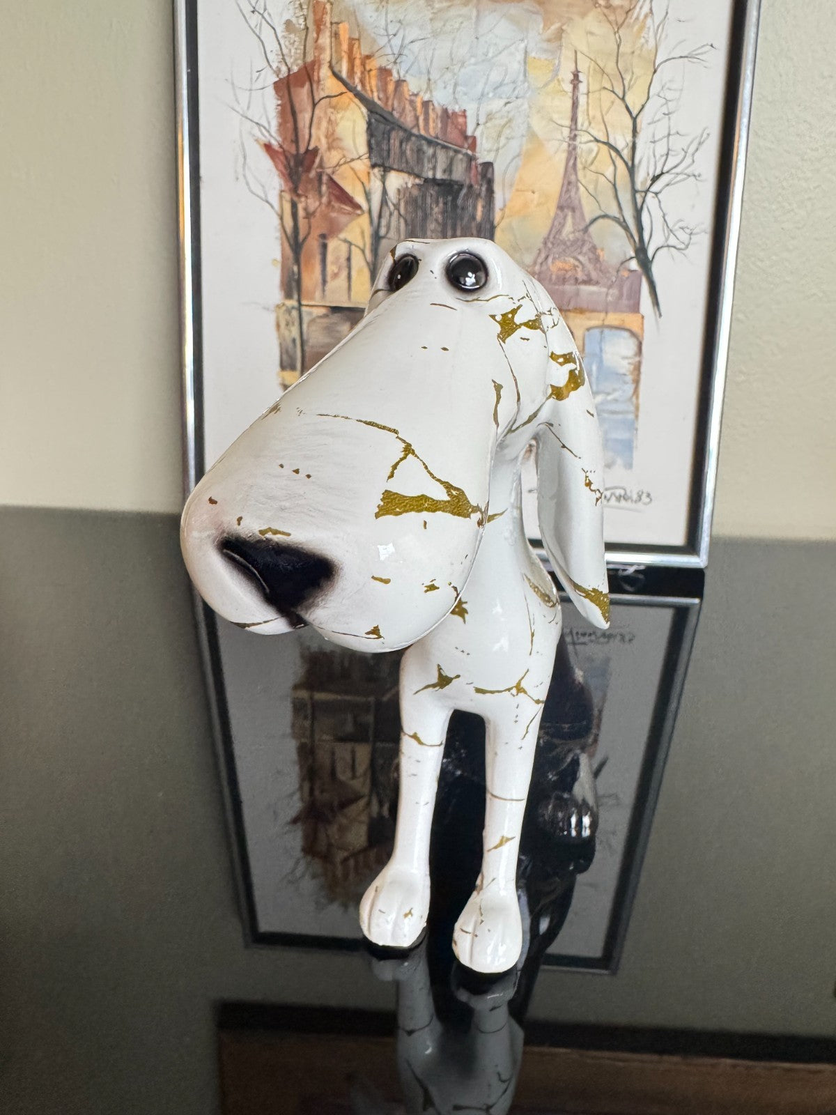 Stylized Resin Dog Figurine – White & Black with Gold Marble Accents 8.5Tall