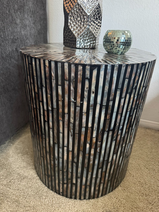 Modern Mother of Pearl Mosaic Style Drum Side Table  Resin 18”Hx16” Accent Table
