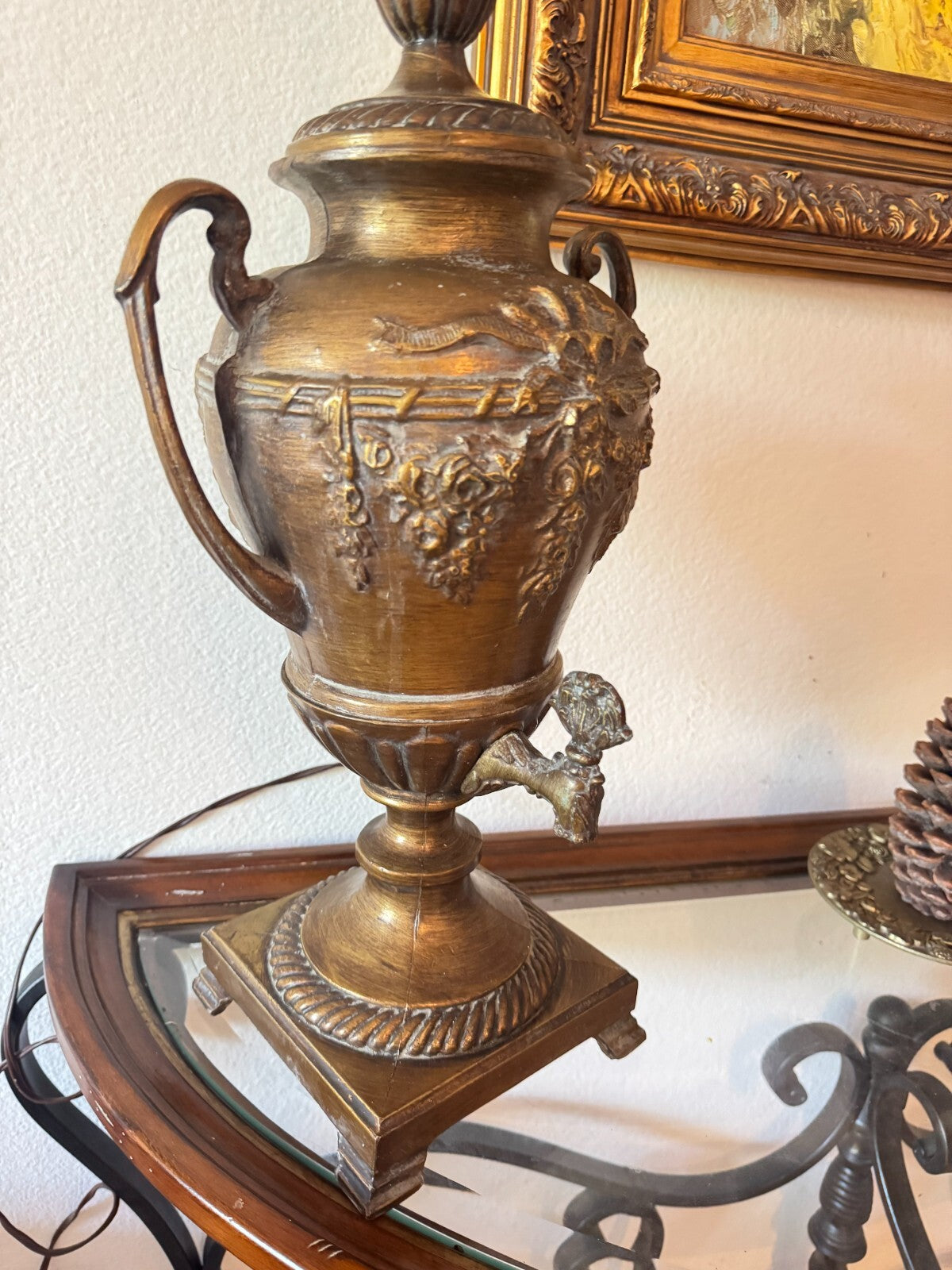 Vintage Bronze-Style Samovar Table Lamp with Spigot & Shade – 35” Tall