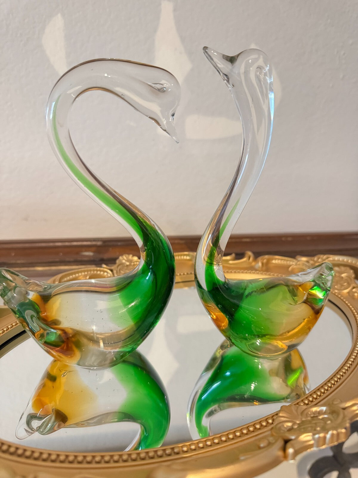 Vintage Murano Verti Blown Art Glass Swan Bird Figure Green Yellow Italy Tall 7.