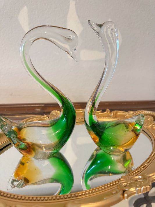 Vintage Murano Verti Blown Art Glass Swan Bird Figure Green Yellow Italy Tall 7.