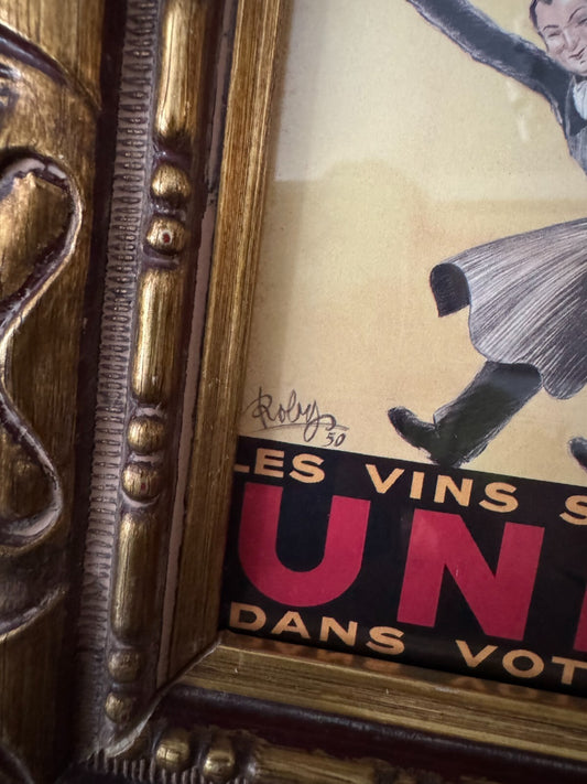 Vintage French Wine Art Print “Union” by Robys 1950 – Ornate Baroque Frame 13x11