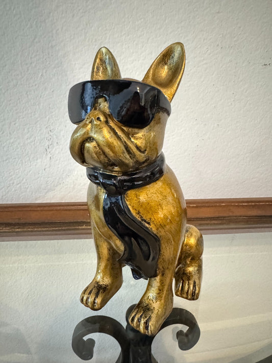Gold Resin French Bulldog Figurine with Sunglasses & Scarf – Cool Modern Decor.