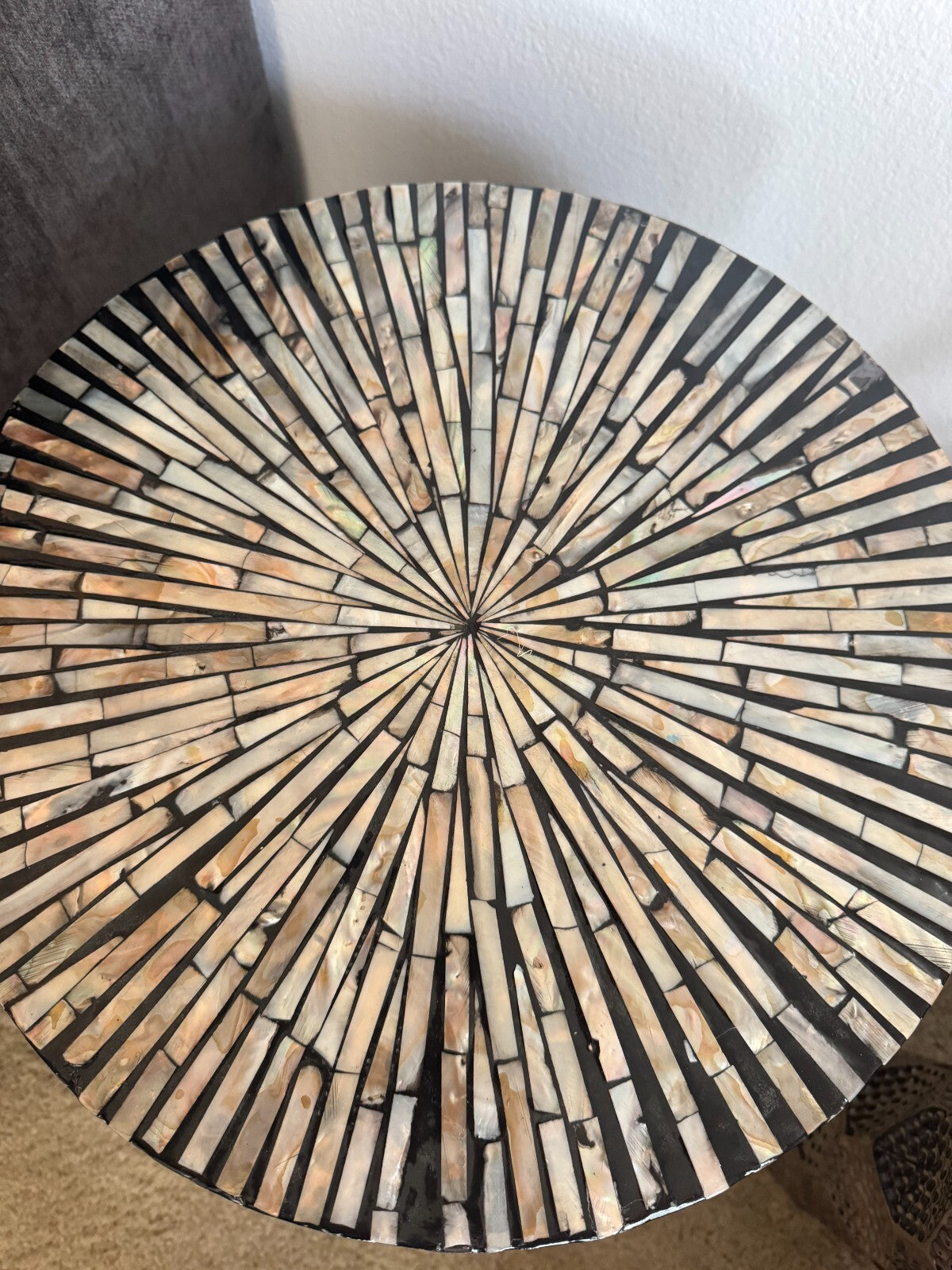 Modern Mother of Pearl Mosaic Style Drum Side Table  Resin 18”Hx16” Accent Table