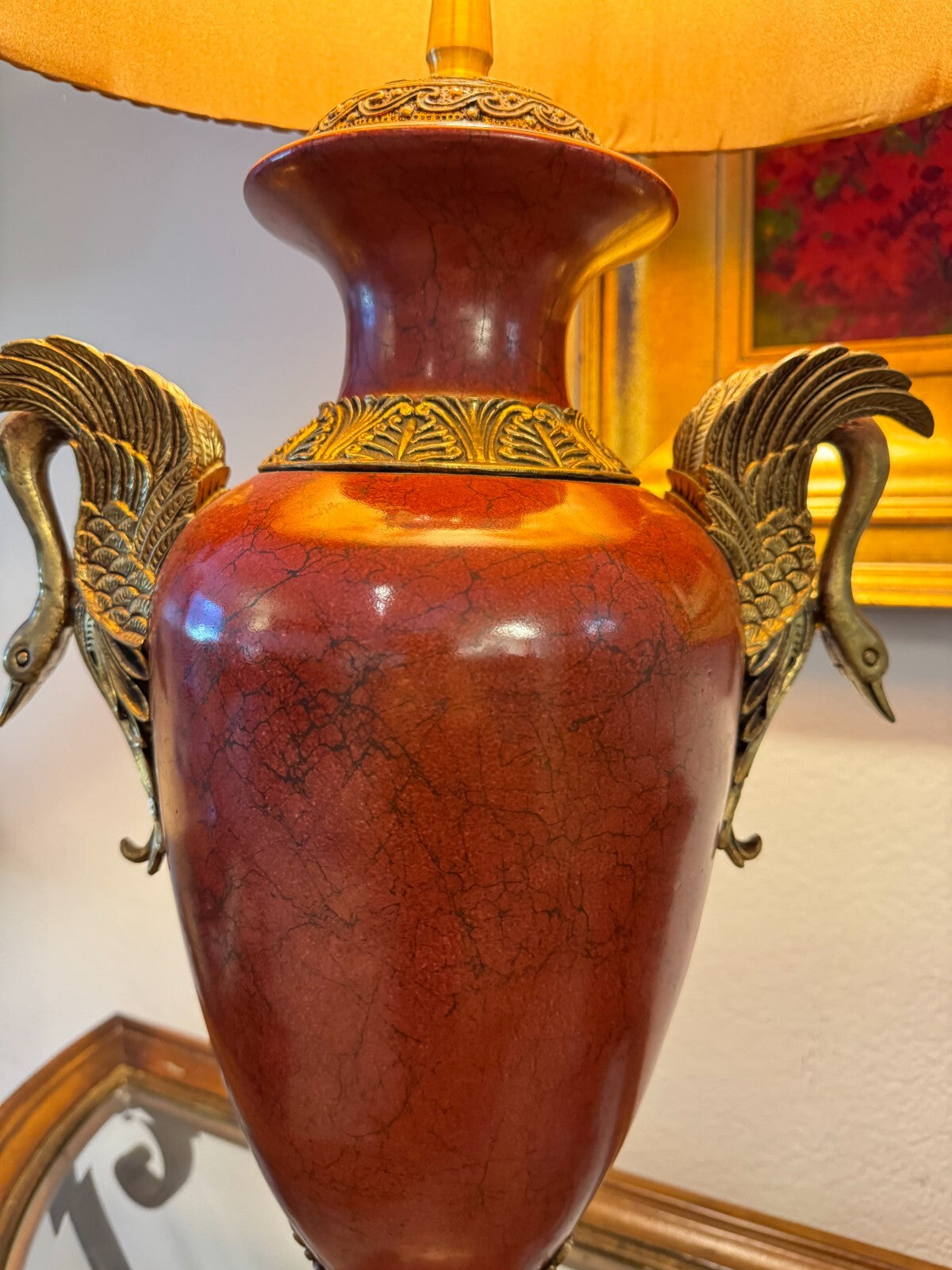 Vintage Ornate Brass Swan Handle Table Lamp – 33” Tall with Red Shade,