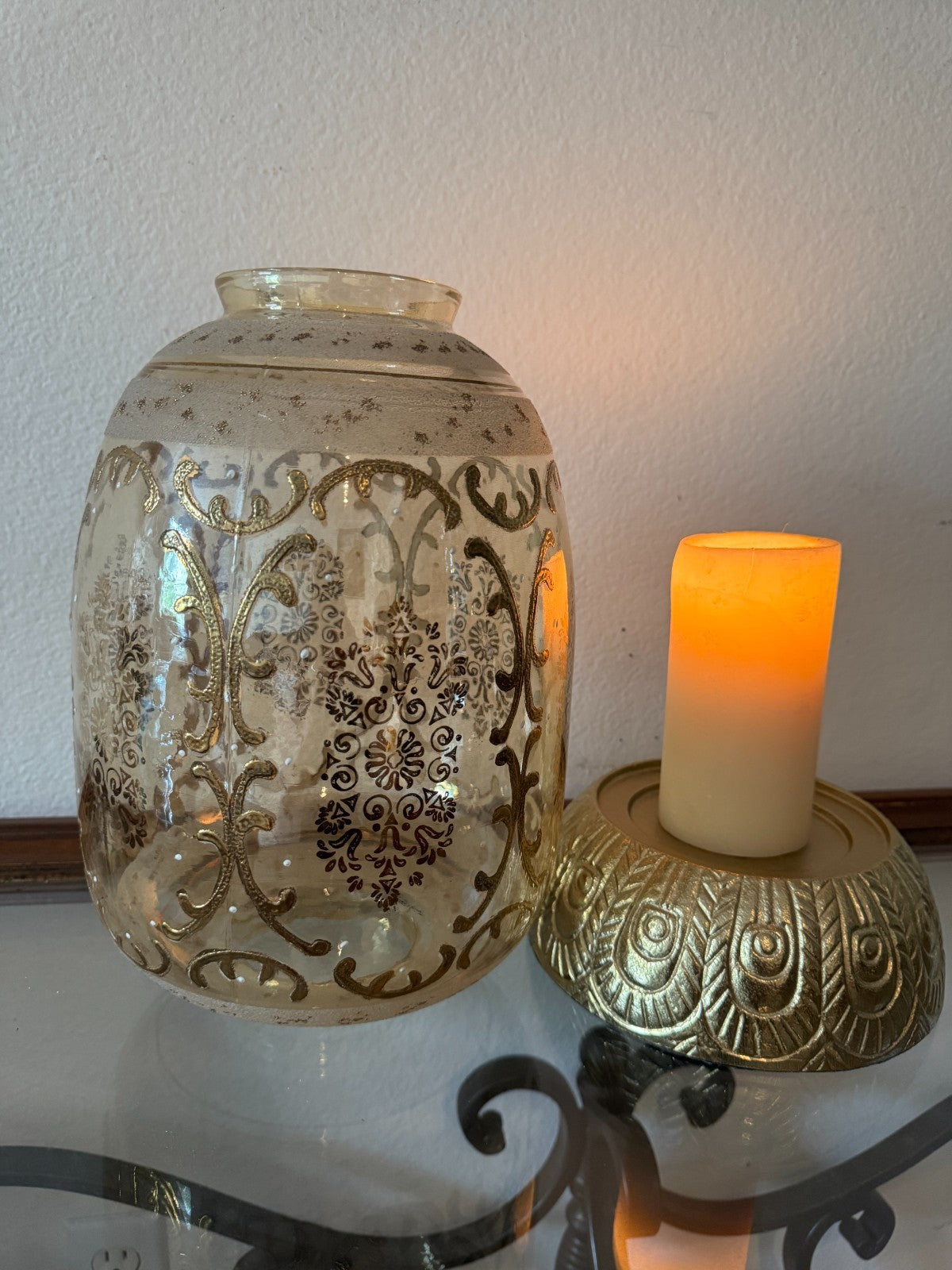 Glass Hurricane Candle Holder with Gold Embossed Pattern Tall 14