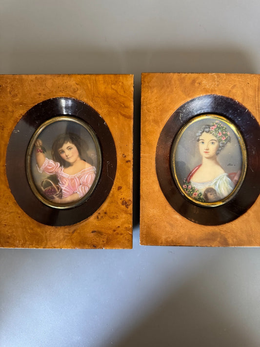 Pair of Antiques  Hand-Painted Miniature Portraits – Signed Rico – Burl 6.5x5.5