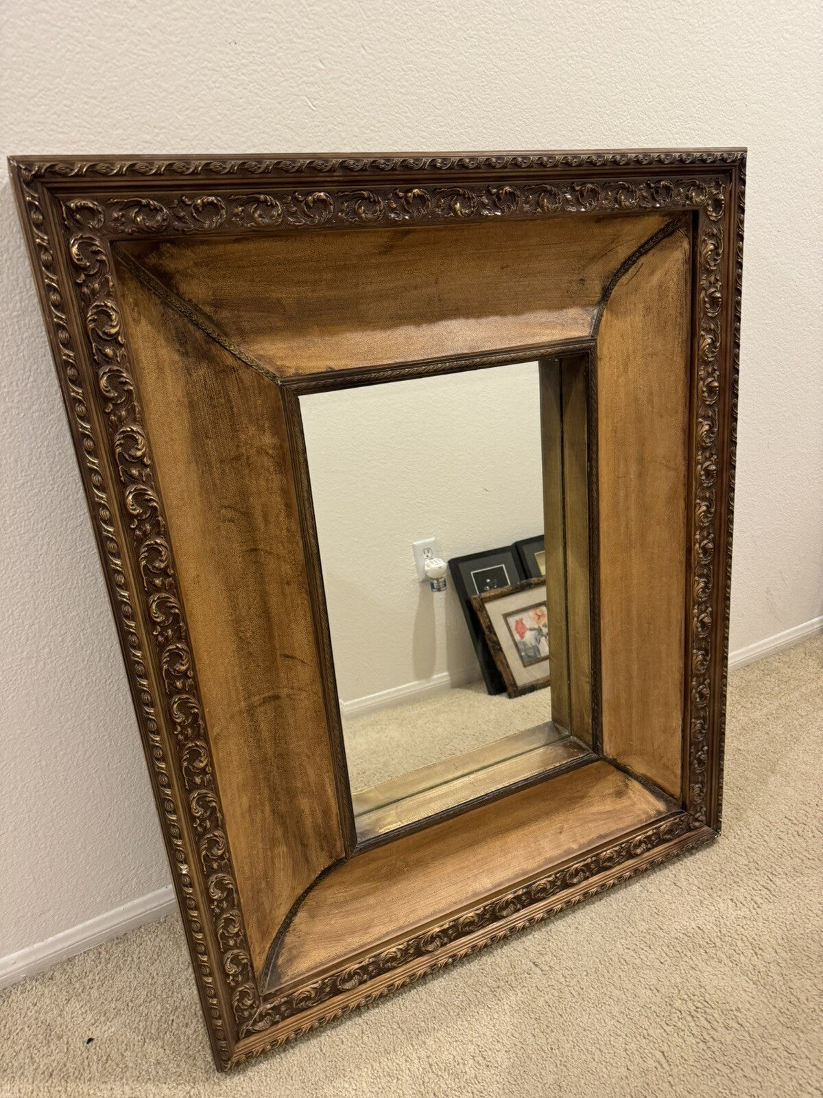 Antique Large Mirror Unique Handmade Wood And Leather Frame 43/34”