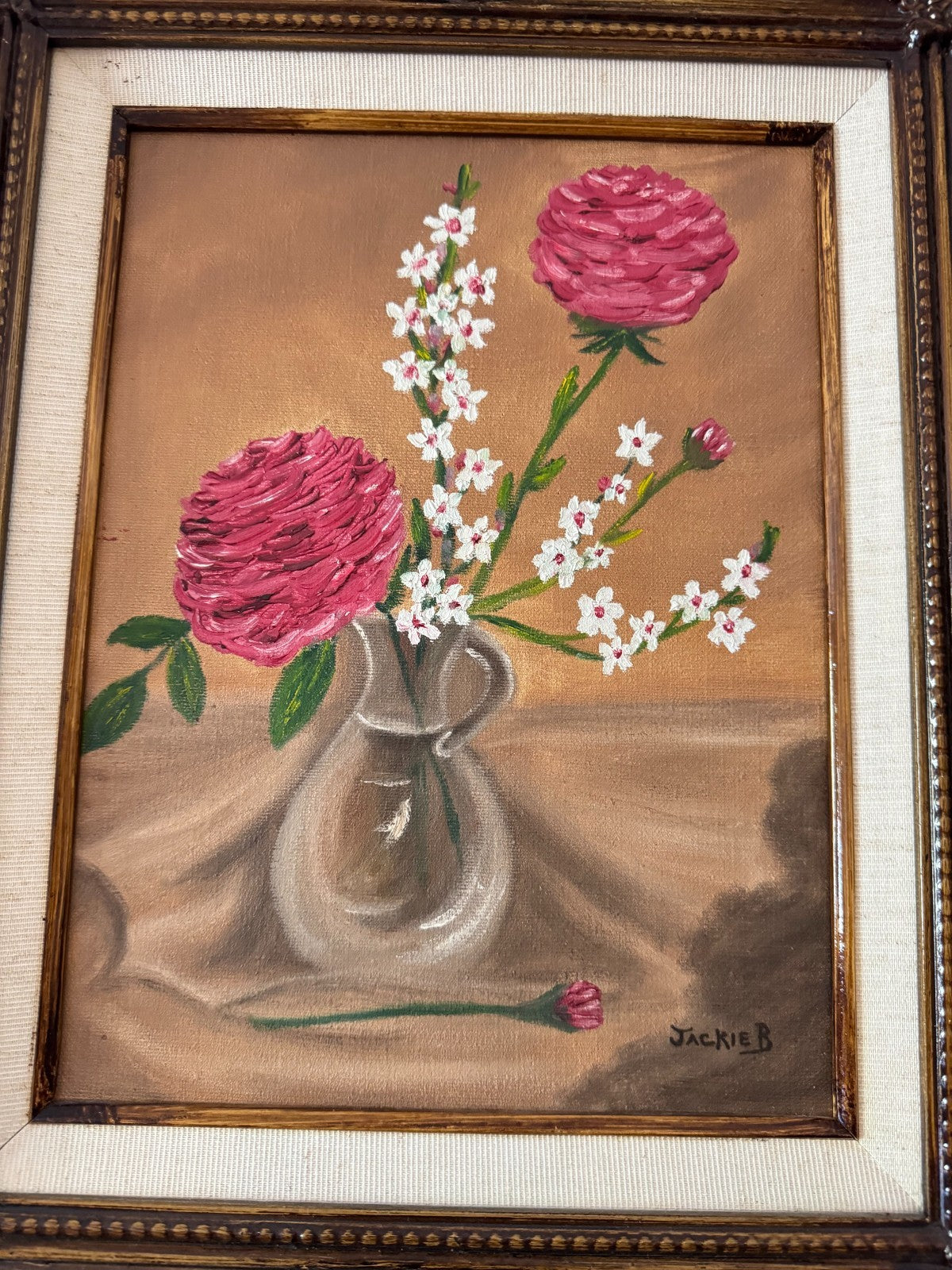 Vintage Floral Still Life Painting by Jackie B Original Oil on Mid-20th 16”x13”