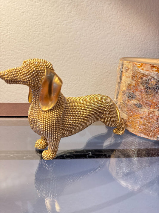 Elegant Gold Beaded Dachshund Dog Figurine – Decorative Sculpture, 6 Long