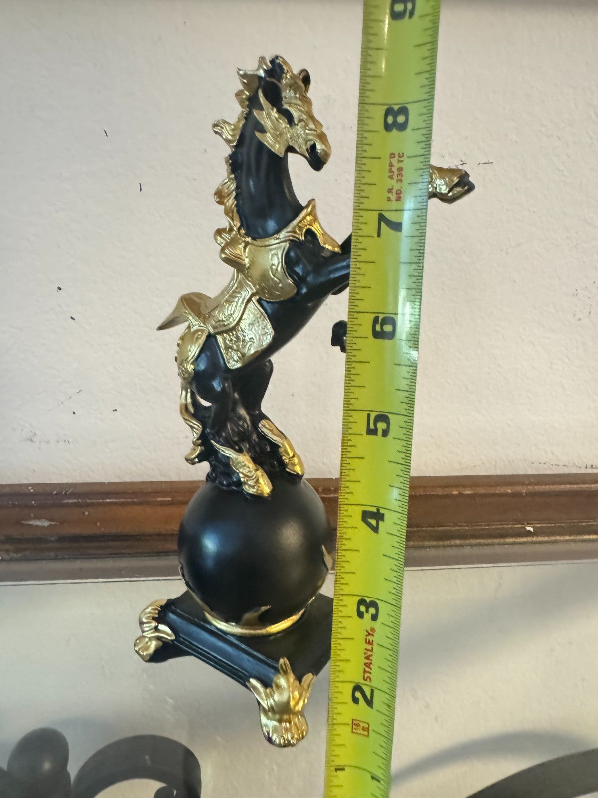 Elegant Black & Gold Rearing Horse Resin Figurine on Globe – 8.5” Tall Decorativ