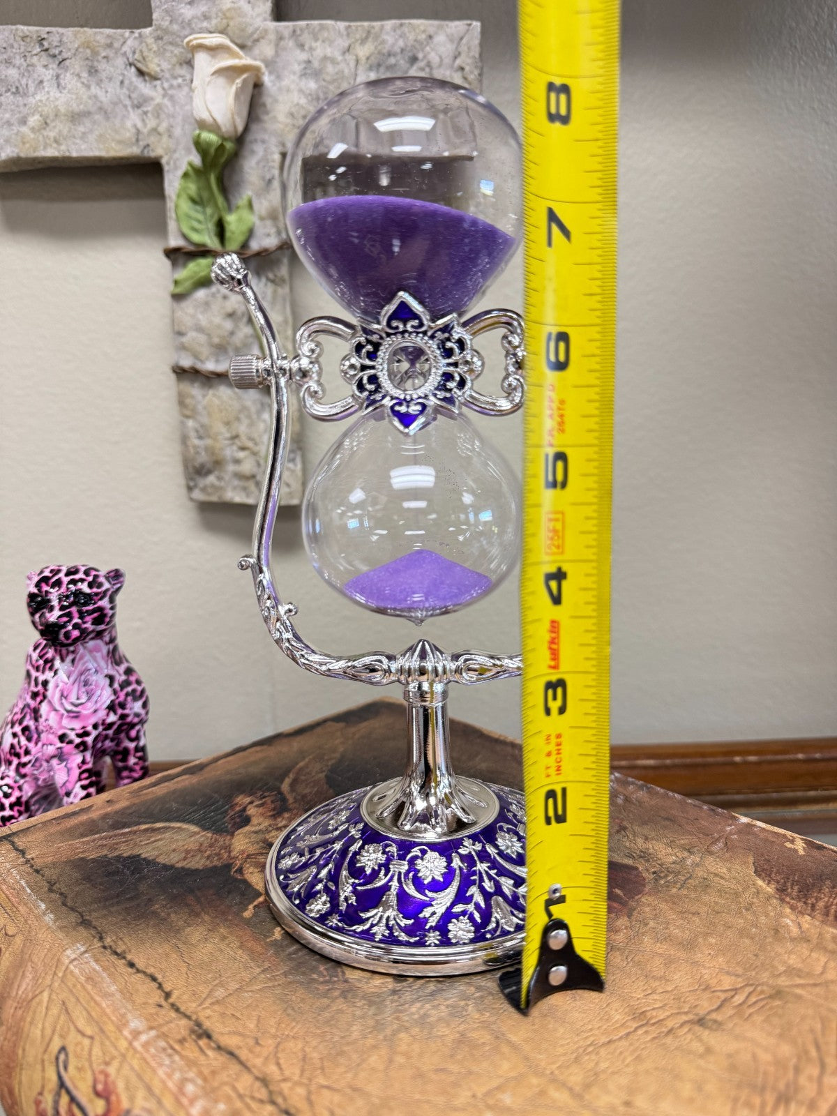 Purple Hourglass Timer with Ornate Enamel Base – 8” Decorative Sand Timer