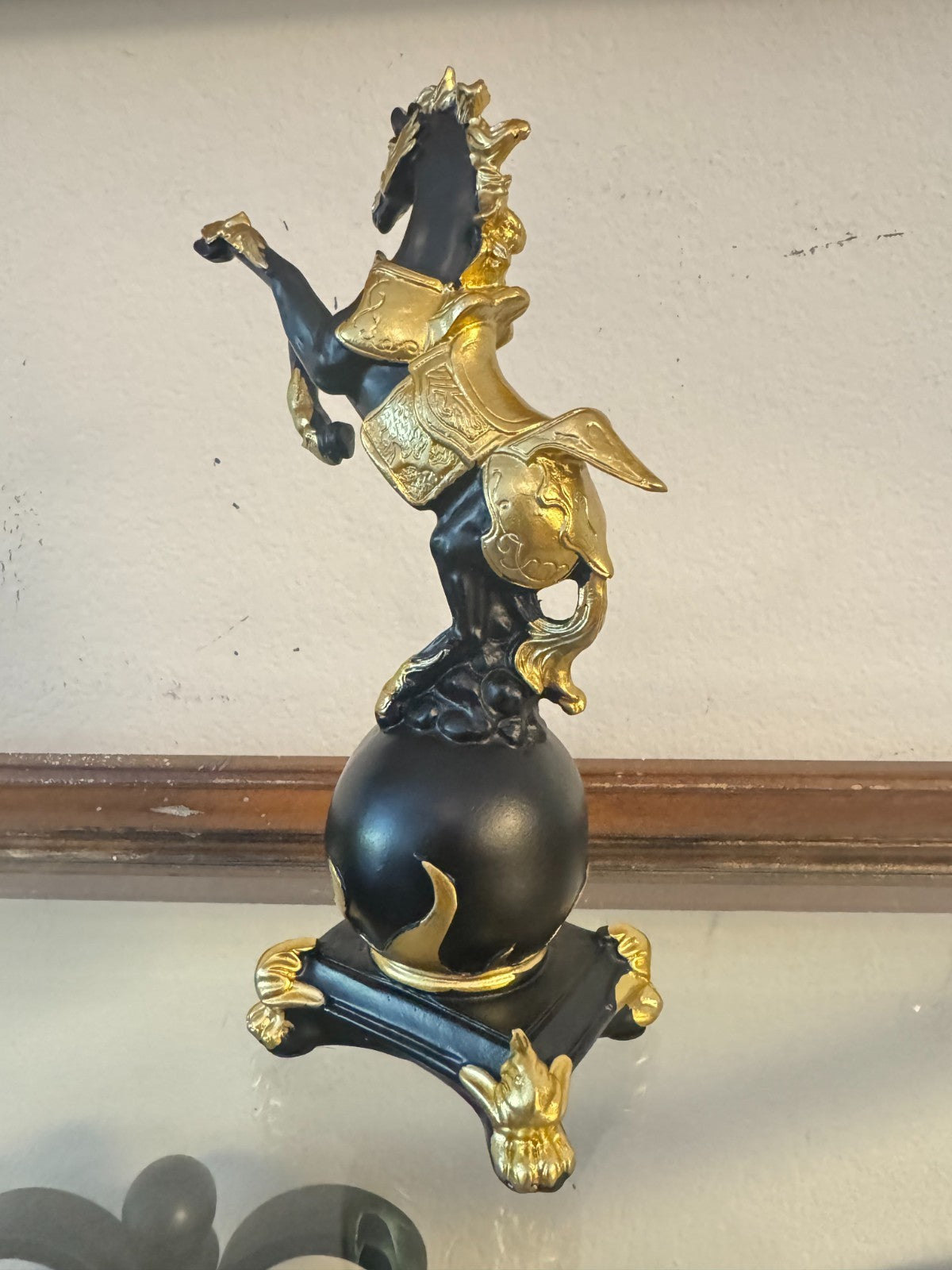 Elegant Black & Gold Rearing Horse Resin Figurine on Globe – 8.5” Tall Decorativ