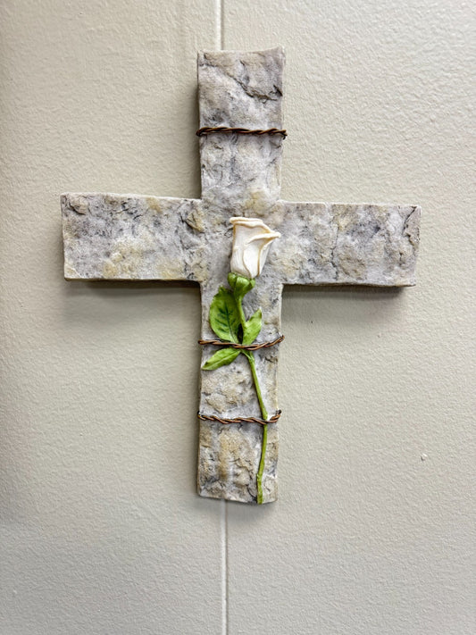 Decorative Wall Cross with White Rose & Wire Accent – 13” x 10” Stone Look