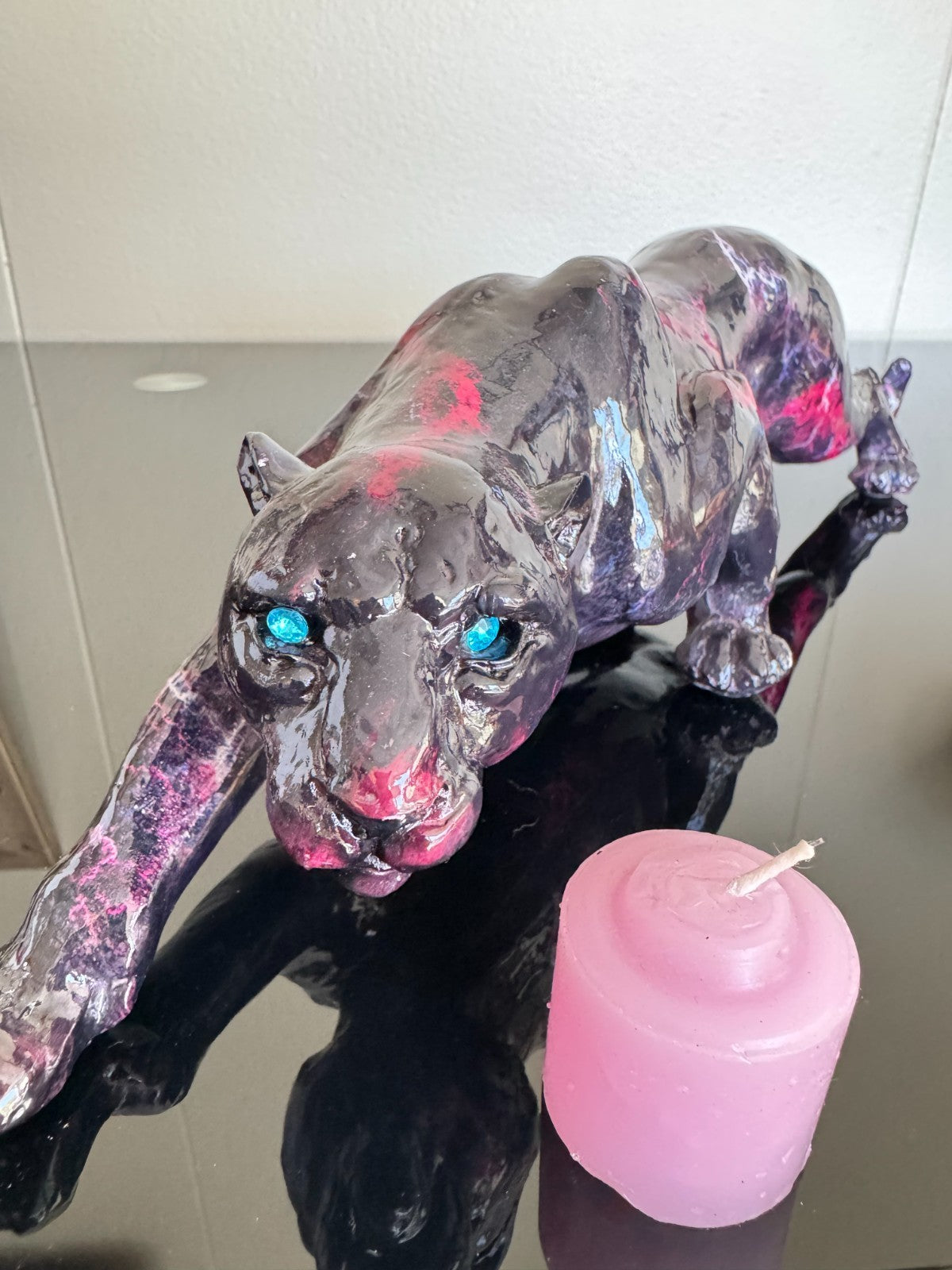 Resin  Panther Figurine Black - Pink  With Blue Eyes – 15” Long