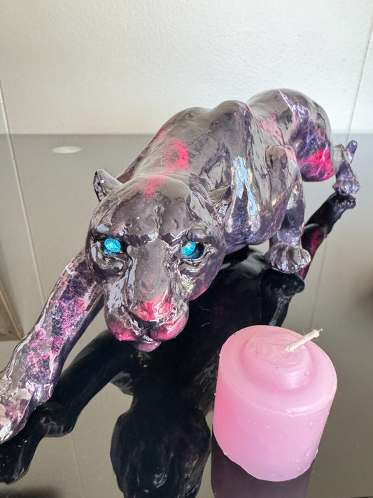 Resin  Panther Figurine Black - Pink  With Blue Eyes – 15” Long