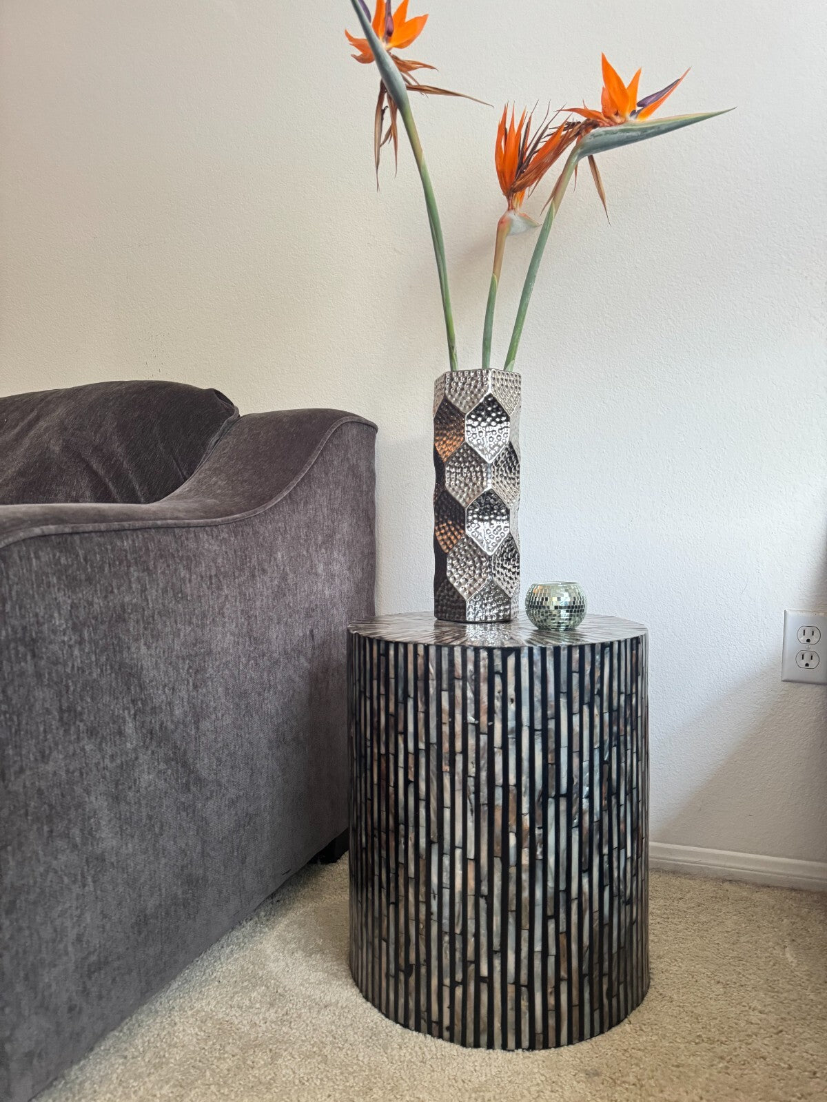 Modern Mother of Pearl Mosaic Style Drum Side Table  Resin 18”Hx16” Accent Table