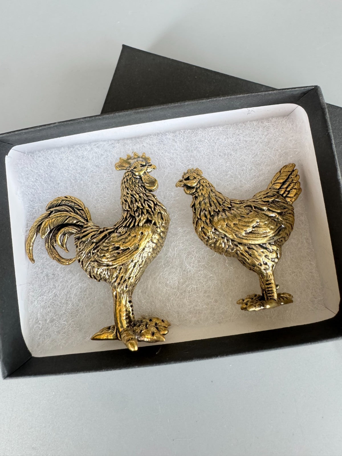 Elegant Brass Rooster and Hen Figurine Set Brand New Gift Box